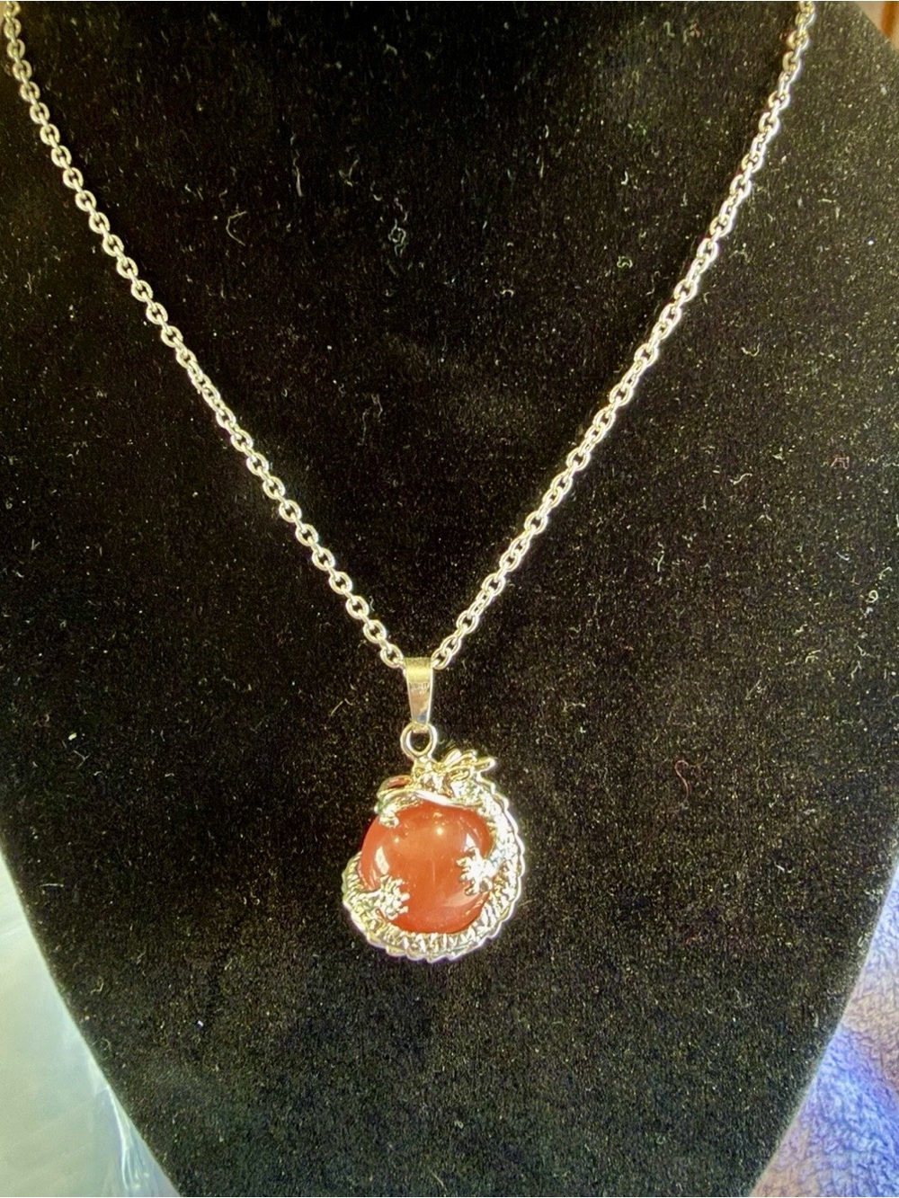 Silver-tone Dragon Red Carnelian Stone Pendant Necklace